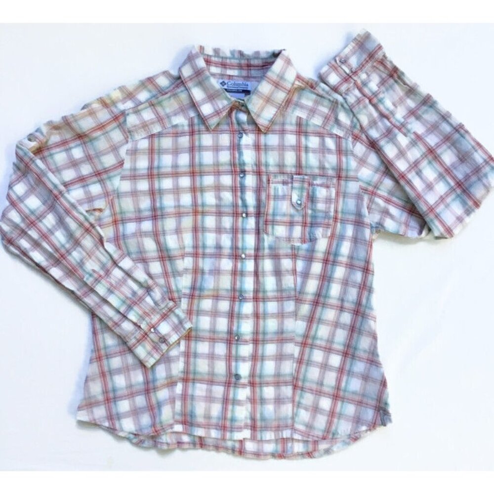 Columbia Pearl Snap Shirt Womens Size Medium Plaid Red Tan Western 100% Cotton